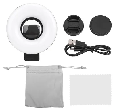 Zdjęcie produktu dla Obiektyw makro 15x z pierścieniowym oświetleniem LED 3000K–6500K do fotografii smartfonowej, vlogów, zbliżeń, zdjęć i nagrań wideo – kolor czarny