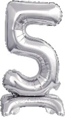 Productafbeelding van amscan® 9911728 Folieballon, mini-cijfer 5 - 15 x 38 cm, met voet, zilver
