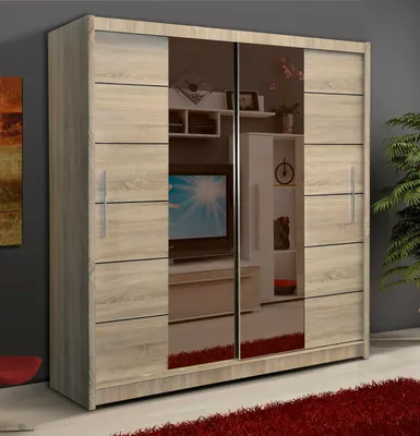 Produktbild von Schwebetürenschrank LISSABON II 203 cm mit Spiegel – Kleiderschrank modern, großer Schrank Schlafzimmer (Sonoma)