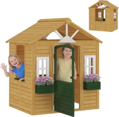 Produktbild von Kinderspielhaus Holz Outdoor Spielhaus mit Tür 3 Fenstern 2 Blumenkästen