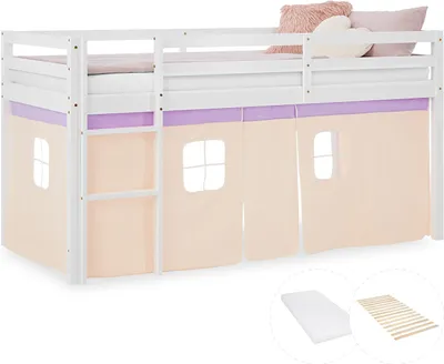 Produktbild von Homestyle4u Kinder Hochbett 90x200 mit Matratze Vorhang lila orange Kinderbett