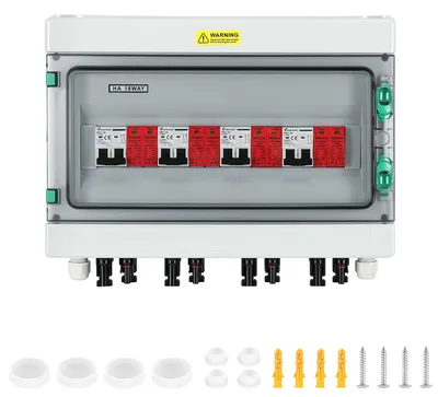 Obrázek produktu pro Solární rozpojovací krabička pro 4 paralelních řetězců, DC 1000V, 32A, ochrana proti přepětí, PV T2, fotovoltaika, stupeň krytí IP65. Připojovací krabička pro generátor, určená pro 18 modulů s solárními konektory, pro fotovoltaickou instalaci