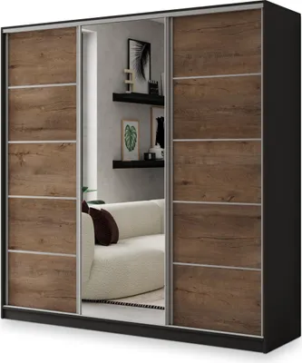 Produktbild von Masseno Schiebetürenschrank NATA 180/205/58 cm Kleiderschrank mit 4 Schubladen Schlafzimmer Schrank 3-türig mit Spiegel Schwarz / Eiche Lefkas