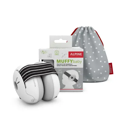 A product shot of Alpine Muffy Baby ear defenders, their packaging, and a storage bag, arranged on a white background.
