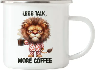 Produktbild von Less Talk More Coffee Lustiger Löwe Emaille Tasse Kaffee Spruch Morgenmuffel Geschenkidee