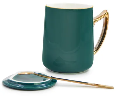 Keramik-Kaffeetasse 450 ml mit Deckel & Löffel, schwarz-grün