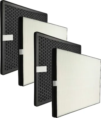 A set of four air purifier filters, two with honeycomb activated carbon filters and two with pleated HEPA filters, are arranged in a staggered diagonal view against a white background.