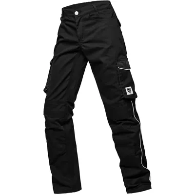 A pair of black cargo pants is shown against a white background.