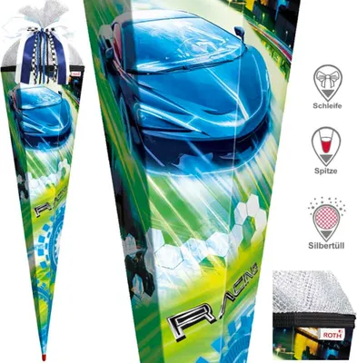Produktbild von Roth Schultüte 85 cm Jungen Exklusiv Set, Motiv / Ausführung:Racing Schleife Spitze