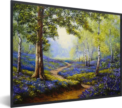 Produktbild von MuchoWow® Gerahmtes Poster Gemälde - Natur - Wald - Blumen - Ölfarbe 80x60 cm - Poster mit Schwarzem Bilderrahmen Wandposter Rahmen Foto Bilder - Schwarzem - Mit Gestell