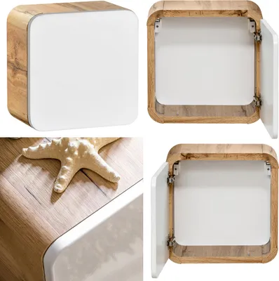 A collage of images showing a bathroom cabinet from different angles, including a close-up of the wood grain and a starfish.