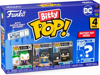 A Funko Bitty Pop! 4-pack featuring DC Batman characters, including The Joker, Batgirl, and Batman, with a mystery pop included. The packaging also shows a small display shelf.