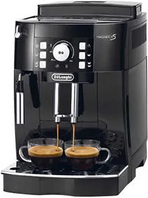A black De'Longhi Magnifica S ECAM 21.110.B automatic espresso machine is shown from the front, brewing two cups of coffee.