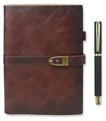 Image de Cahier A5 en cuir marron, rechargeable, style vintage, carnet de voyage ligné, 100 feuilles, reliure à 6 anneaux avec stylo