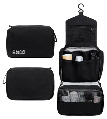 Produktbild von Hängender Kulturbeutel, wasserdichter Reise-Organizer mit stabilem Haken, kompakte Kosmetiktasche für Damen und Herren, schwarze Badezimmer-Aufbewahrungstasche