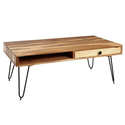 Produktbild von Couchtisch BAGLI Massiv-Holz Akazie 110 cm breit Wohnzimmer-Tisch Design Metallbeine Landhaus-Stil Beistelltisch