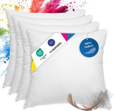 WOMETO sada 4 péřových polštářů 100% peří 40x40 cm - 300g výplň polštáře povlak na polštář bavlna bílá I vnitřní polštář / výplň polštáře / malý polštář (4 kusy)