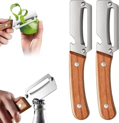Obrázek produktu pro Nerezové nože Schäler s dřevěnou rukojetí, 2 v 1, sada 2 kusů, s otvírákem na lahve, vhodné do kuchyně