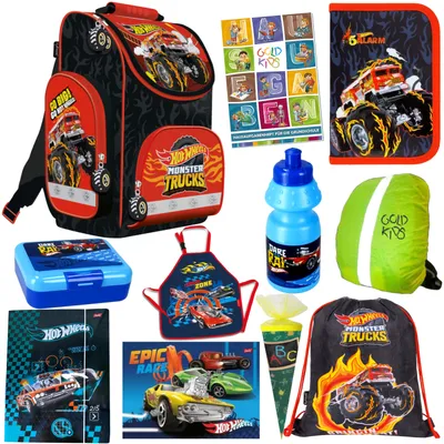Produktbild von Goldkids - Schulranzen für Jungen und Mädchen, 11er-Set - Schul-Rucksack für Kinder mit Federmäppchen - Turnbeutel und Lunch-Set - Hot Wheels Motiv