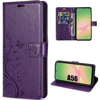 Image de Coque pour Samsung Galaxy A56 5G, Protection Antichoc Cuir Synthétique Motif Relief Papillon Violet Foncé