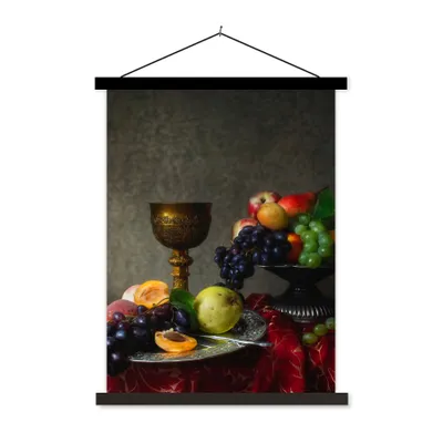 Produktbild von MuchoWow® Textilposter Rustikal - Tisch - Obst - Stilleben - Tasse 120x160 cm mit schwarzem Rahmen - Magnetischer