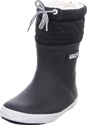 A single black boot with a white sole and trim, and a quilted black cuff with a white drawstring.