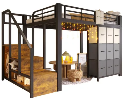 Produktbild von Hochbett mit Schubladen, Treppe, Lattenrost und Tatschen, Treppe mit Regal und Kleiderschrank, 140x200 cm, Kinderbett mit Rausfallschutz, Metallbett
