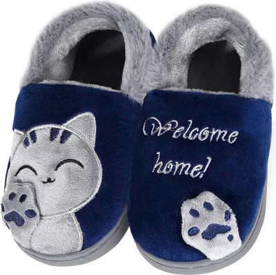 Produktbild von ASKSA Maedchen Jungen Pluesch Baumwolle Hausschuhe Kinder Winter Warme Gefuettert weiche Pantoffeln mit Cartoon Katze rutschfeste Slippers Hause Indoor, Dunkelblau, Groesse: 22/23 EU