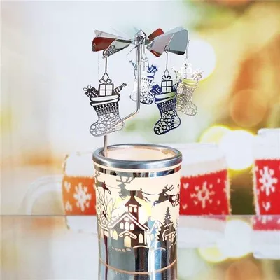 Produktbild von Unyqoos® Rotierendes Teelicht‑Karussell Windlicht aus Glas, drehbarer Kerzenhalter aus Edelstahl, Silber, H 15,5 cm, Ø Turbine 6,6 cm – Weihnachtsdeko