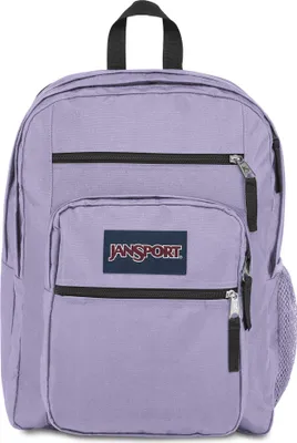 A front view of a purple Jansport backpack against a white background.