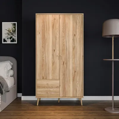 Produktbild von Forte HARLLSON Kleiderschrank 100, Mid-Century-Modern, leichte Montage dank EasyKlix by Forte, 2-türig, 2 Schubladen, Mauvella Eiche Holzdekor, 104,5 cm breit x 201,7 cm hoch x 52,2 cm tief