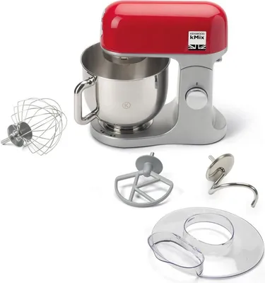 A red and silver Kenwood KMX750RD kitchen machine with various attachments, displayed on a white background.