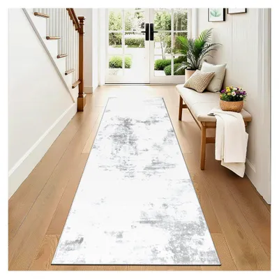 Produktbild von Langer Teppichläufer Flur rutschfest 80x250 cm, Kurzflor Teppichläufer modern, waschbarer Küchenteppich, Flurteppich für Flur, Küche, Wohnzimmer, Hellgrau