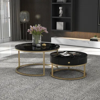 Image de Table basse - Table gigogne - Table d'appoint - Ensemble de 2 - Aspect marbre brillant - Forme ronde
