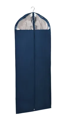 A garment bag with a suit inside, hanging from a hook.