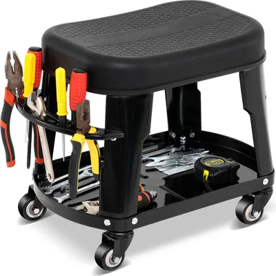 Produktbild von GOPLUS Werkstatthocker auf Rollen, Rollsitz abnehmbar mit Werkzeugablage & 136 kg Tragkraft, robuster mobiler Reparatursitz für Garage, Schwarz
