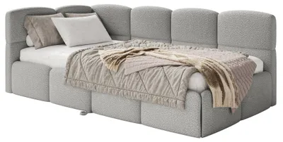 Obrázek produktu pro Selsey Cloudy – čalouněná postel, bouclé, šedá barva, rozměry 170x185 cm – levá strana