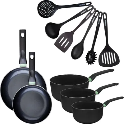 Image de Set de 2 poêles 20 et 24 cm, 3 casseroles céramique 16, 18 et 20 cm et 6 ustensiles Fackelmann Brandao