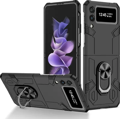 Produktbild von Galaxy Z Flip3 Hülle, Robust Harter PC, Stoßfest, Ringhalter, Ständer Schutzhülle für Samsung Galaxy Z Flip 3 5G Schwarz
