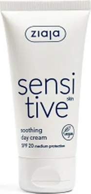 A white tube of Ziaja Sensitive skin soothing day cream with SPF 20.