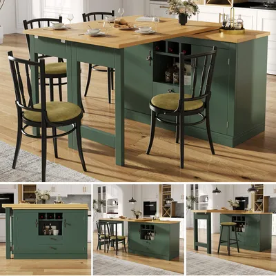 Produktbild von Multifunktionaler Bartisch Dunkelgrün ausziehbar 120-180cm, 360° drehbarer Stehtisch mit Stauraum & Weinregal, platzsparender Küchentisch & Sideboard Kombination