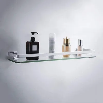 Zdjęcie produktu dla Aluminiowy wieszak ścienny, półka szklana, 60 x 80 cm, srebrny, szkło, bez wiercenia, łatwy montaż