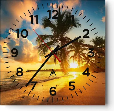 Produktbild von Wanduhr - Quadrat - Glasuhr - Meer Strand Palme - 30x30cm - Schleichendes Uhrwerk - Lautlos - zum Aufhängen bereit - Dekoration Modern - Wanddekoration aus Glas - C4AC30x30-3922