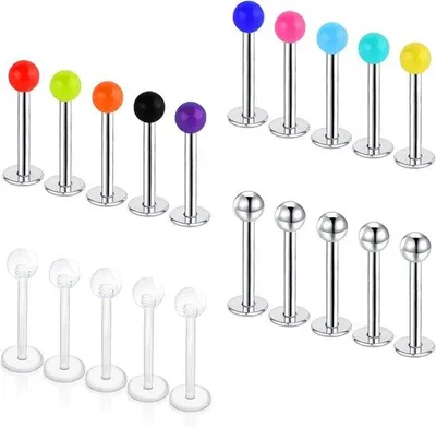 Immagine prodotto di Set per piercing in acciaio inossidabile e acrilico - 20 piercing labiali (labret) da 6 mm, 8 mm e 10 mm