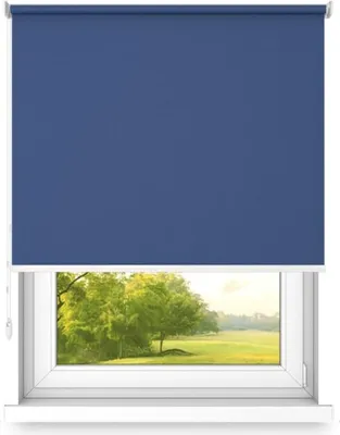 A blue roller blind is shown partially covering a window that looks out onto a green landscape with trees.