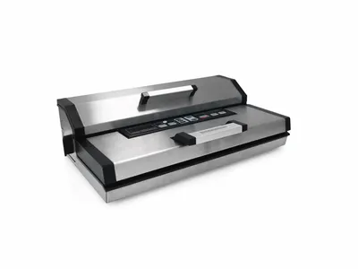 A stainless steel vacuum sealer machine is shown against a white background.