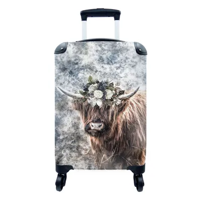 Produktbild von MuchoWow® Koffer Handgepäck Trolley Rollkoffer Kleine Reisekoffer mit 4 Rollen - Schottischer Highlander - Blumen - Schwarz - Cabin Size < 55x40x23 cm & 55x40x20 cm - Fotokoffer - Kabinenkoffer - Boardgepäck - Reise-Box - Reisekoffer - Reisegepäck - Koffer mit Bild - Trolley für Kinder