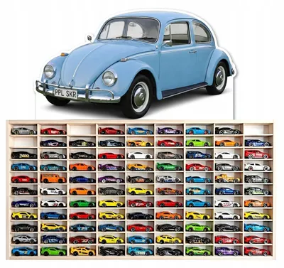 Modellauto-Regal für 80 Autos 1:64 – Wandregal & Setzkasten für Spielzeugautos, Oldtimer-Motiv, Birken-Sperrholz – Gesamtansicht auf neutralem Hintergrund