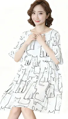 Produktbild von Umstandsmode, lässiges Midikleid, lockerer Cartoon-Kätzchen-Aufdruck, Schleife, Knoten, Damen für Schwangere, Weiß, XL