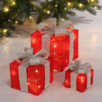 Produktbild von Haushalt International HHI Led Geschenkbox - 3 Stück - 3 Größen - Rot mit silbergrauer Schleife